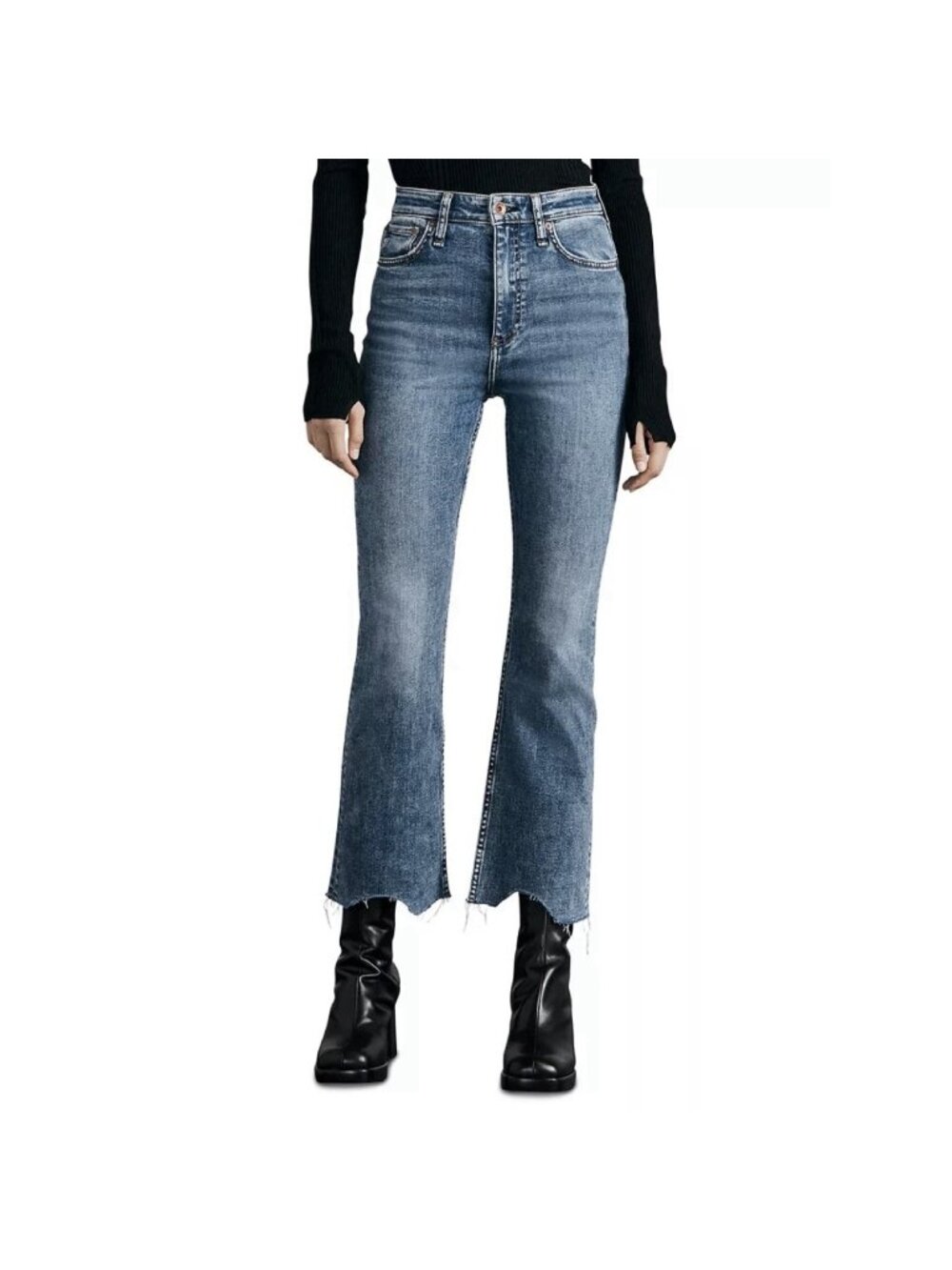Rag & Bone Casey High-Rise Flare Jeans Raw Hem Blue Pebbles Women’s Size 28
